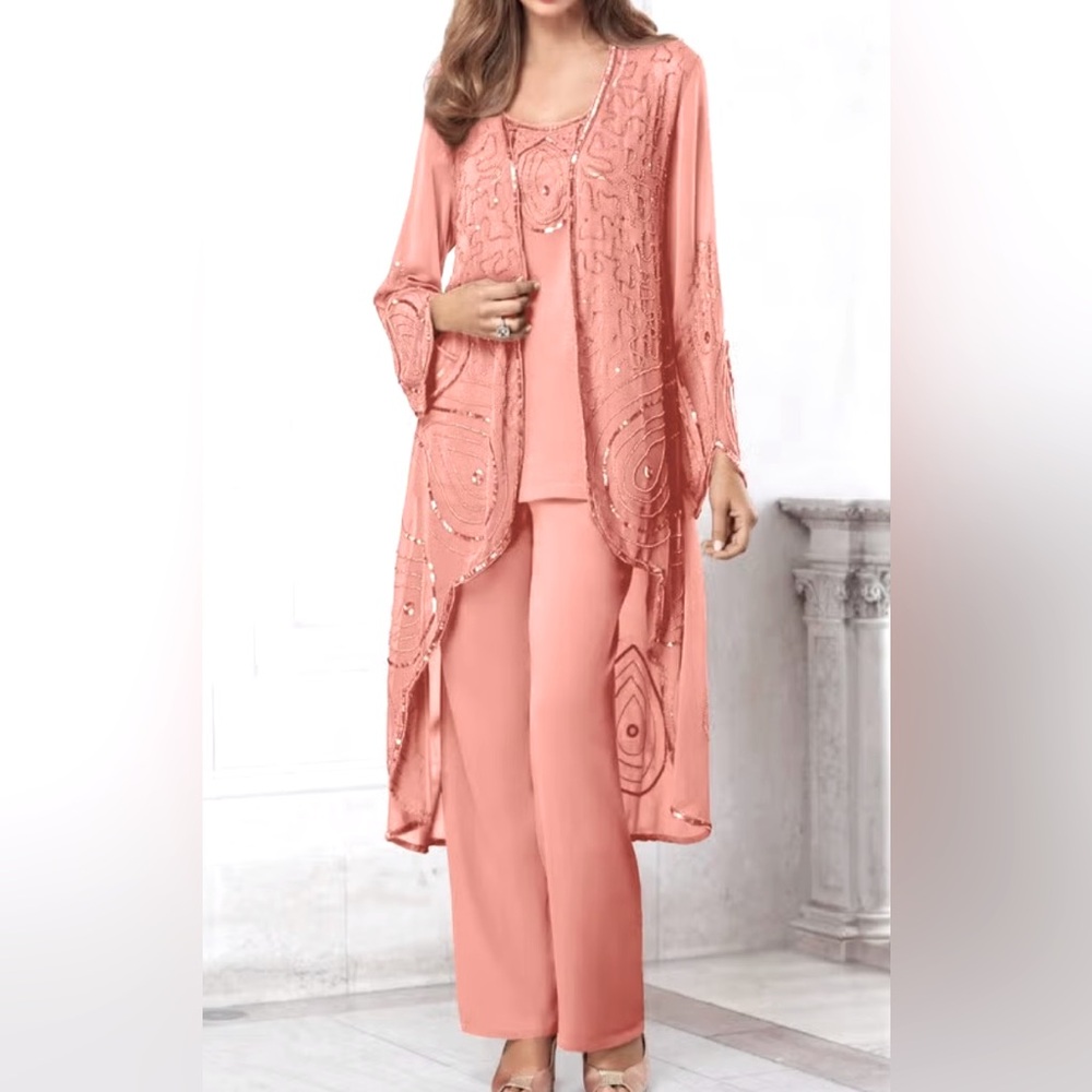 Beaded formal pant suit with long jacket Desert Coral color Peach